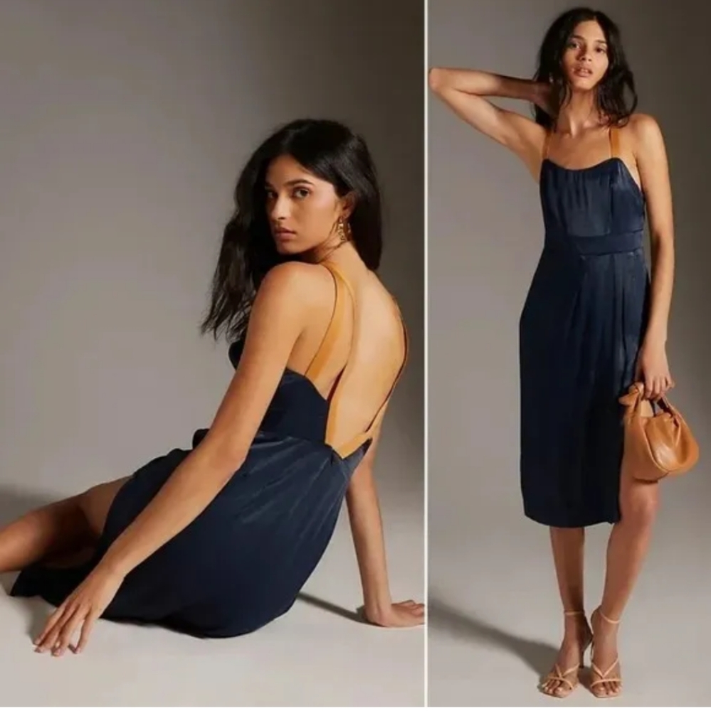 Anthropologie Sweetheart Navy and Tan Slip Dress